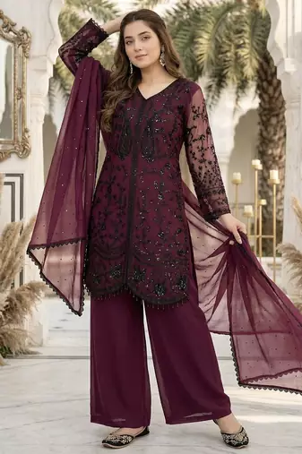 Lite maroon georgette  party wear embroidery  suit set