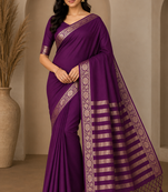 plum jaqurad border and zari chit pallu khaddi crep georgette sareewith tassels 