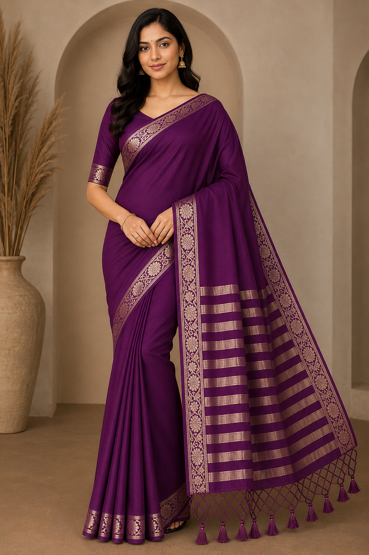plum jaqurad border and zari chit pallu khaddi crep georgette sareewith tassels 