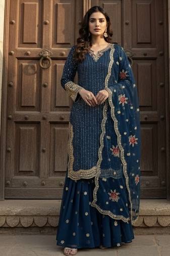 Blue georgette party wear embroidery  suit set