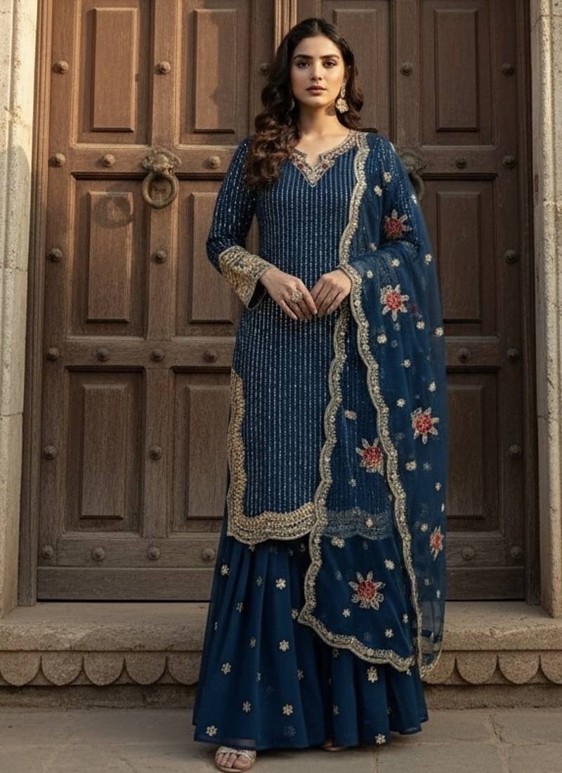 Blue georgette party wear embroidery  suit set