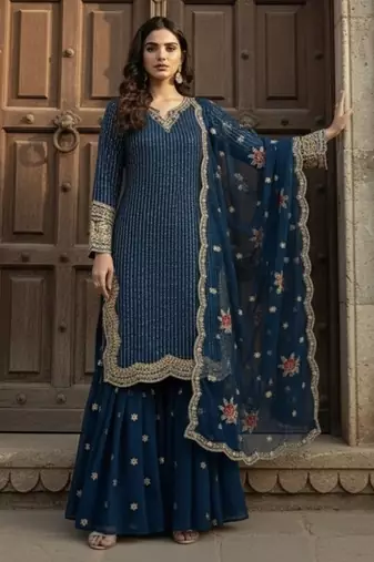 Blue georgette party wear embroidery  suit set
