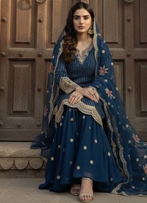 Blue georgette party wear embroidery  suit set 3