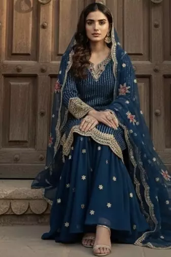 Blue georgette party wear embroidery  suit set