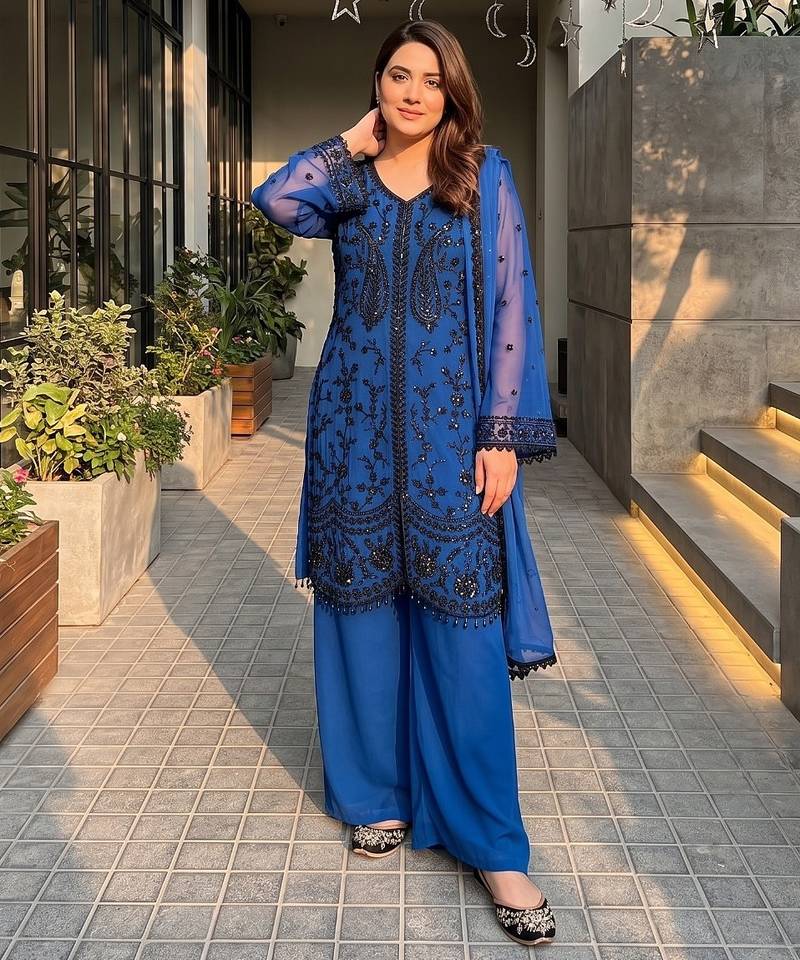 Dark blue georgette  party wear embroidery  suit set