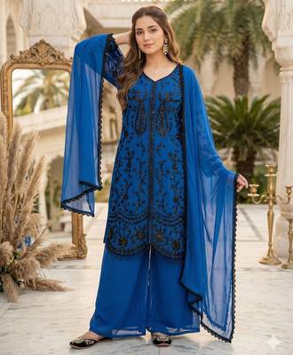 Dark blue georgette  party wear embroidery  suit set 3