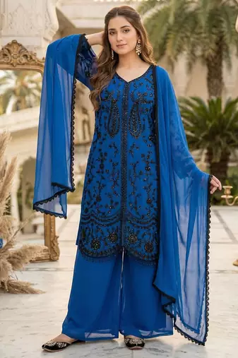 Dark blue georgette  party wear embroidery  suit set