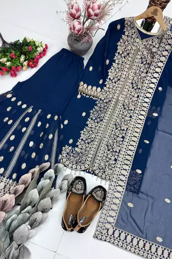 Dark blue georgette party wear embroidery sharara suit set