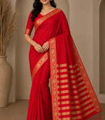 red jaqurad border and zari chit pallu khaddi crep georgette sareewith tassels 