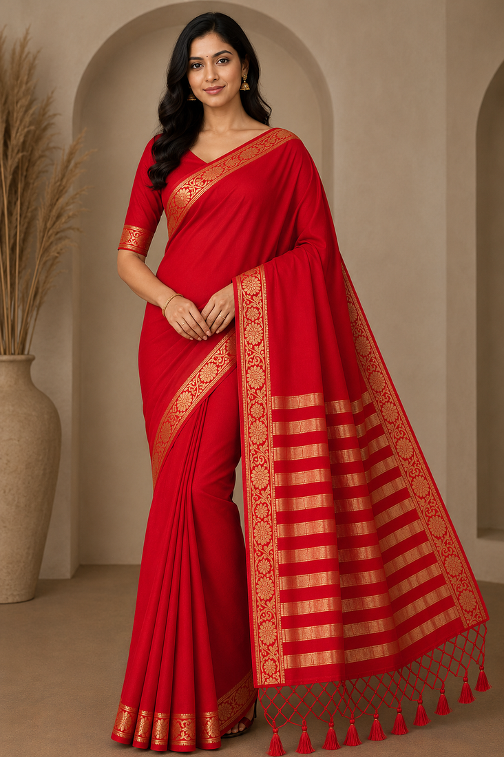 red jaqurad border and zari chit pallu khaddi crep georgette sareewith tassels 