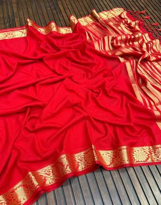 red jaqurad border and zari chit pallu khaddi crep georgette sareewith tassels  2