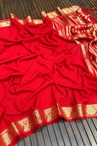 red jaqurad border and zari chit pallu khaddi crep georgette sareewith tassels 