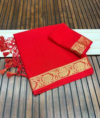 red jaqurad border and zari chit pallu khaddi crep georgette sareewith tassels  4