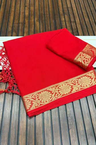 red jaqurad border and zari chit pallu khaddi crep georgette sareewith tassels 
