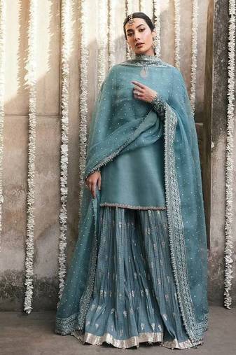 Sky blue georgette party wear embroidery sharara suit set