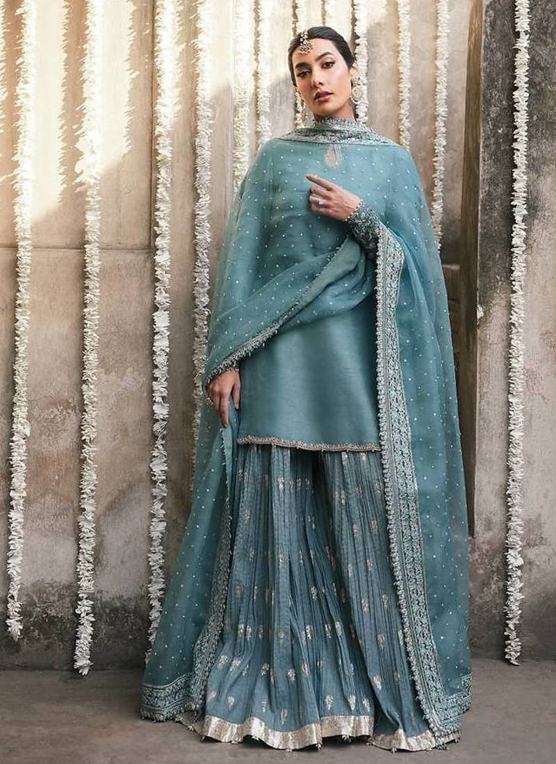 Sky blue georgette party wear embroidery sharara suit set