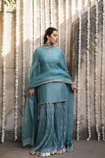 Sky blue georgette party wear embroidery sharara suit set