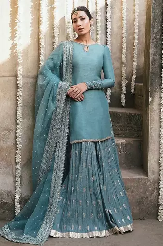 Sky blue georgette party wear embroidery sharara suit set
