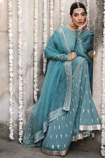 Sky blue georgette party wear embroidery sharara suit set