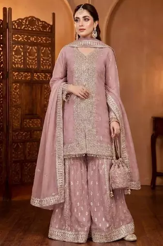 Lite pink georgette party wear embroidery sharara suit set