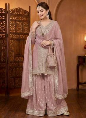 Lite pink georgette party wear embroidery sharara suit set 1