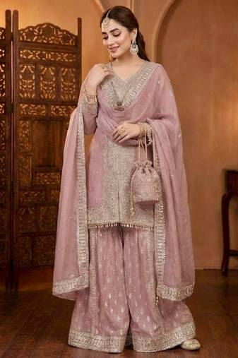 Lite pink georgette party wear embroidery sharara suit set