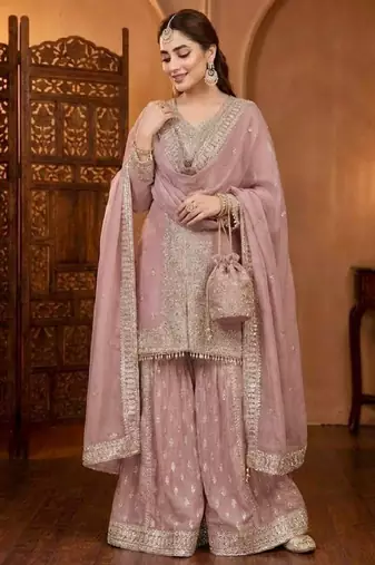 Lite pink georgette party wear embroidery sharara suit set