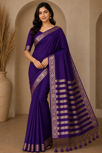purple jaqurad border and zari chit pallu with tassels khaddi crep georgette saree