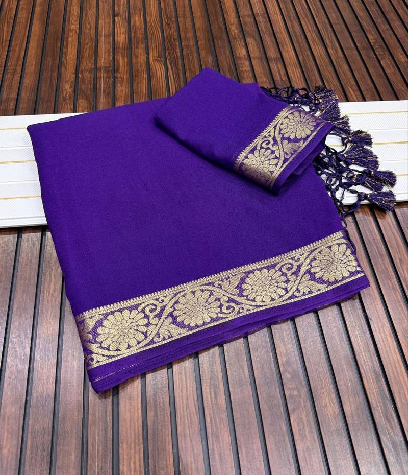 purple jaqurad border and zari chit pallu with tassels khaddi crep georgette saree