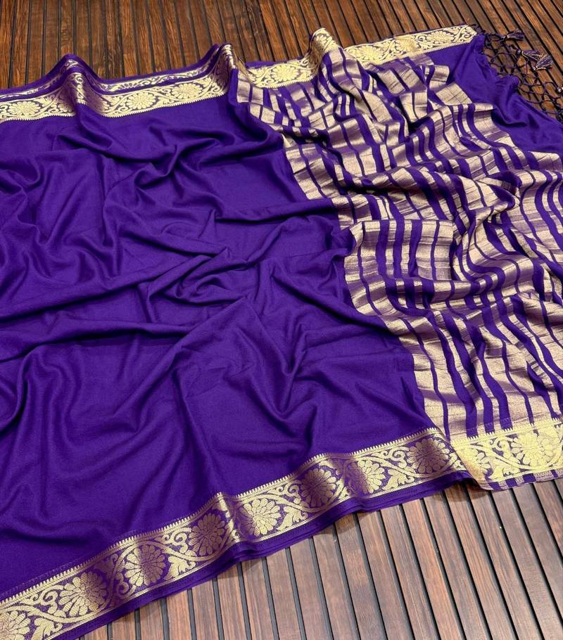 purple jaqurad border and zari chit pallu with tassels khaddi crep georgette saree