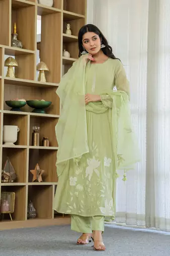 Women's Gorgeous Thread Work Chanderi Silk Fabric Flared Anarkali Pant and Dupatta Set