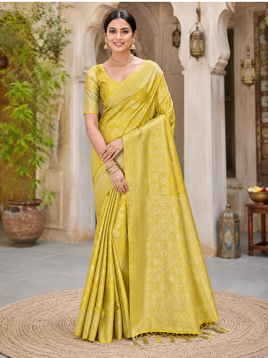 yellow jaqurad border with tassels on pallu a khaddi crep georgette saree 1