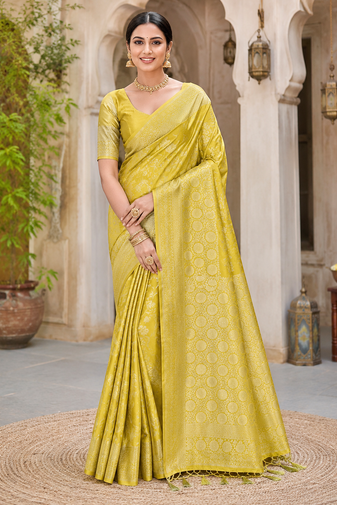 yellow jaqurad border with tassels on pallu a khaddi crep georgette saree