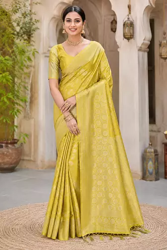 yellow jaqurad border with tassels on pallu a khaddi crep georgette saree