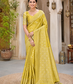 yellow jaqurad border with tassels on pallu a khaddi crep georgette saree