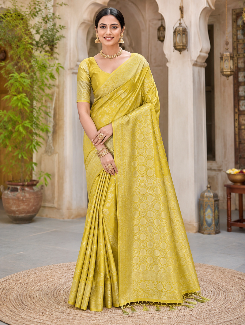 yellow jaqurad border with tassels on pallu a khaddi crep georgette saree