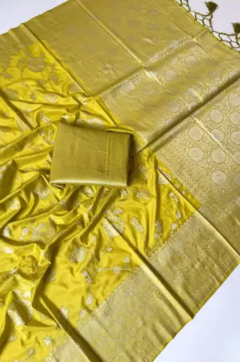 yellow jaqurad border with tassels on pallu a khaddi crep georgette saree