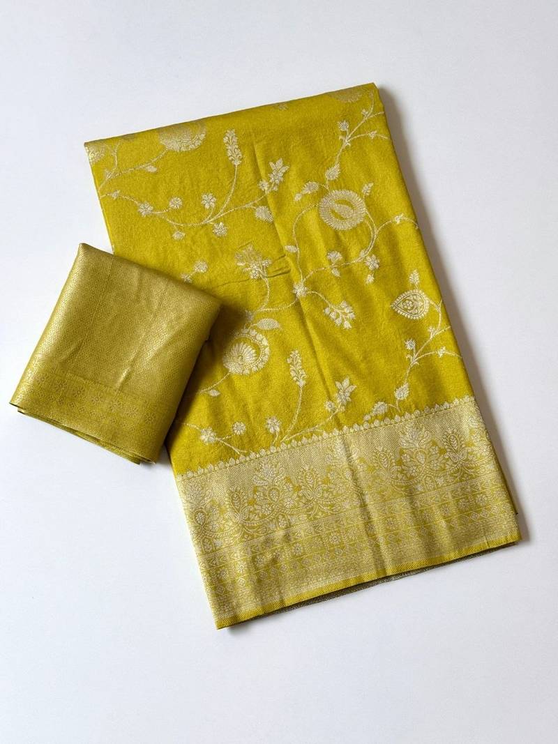 yellow jaqurad border with tassels on pallu a khaddi crep georgette saree