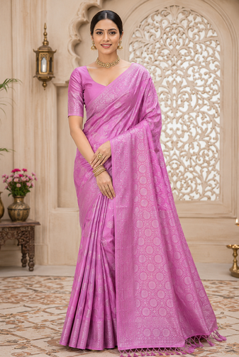 pink jaqurad border with tassels on pallu a khaddi crep georgette saree