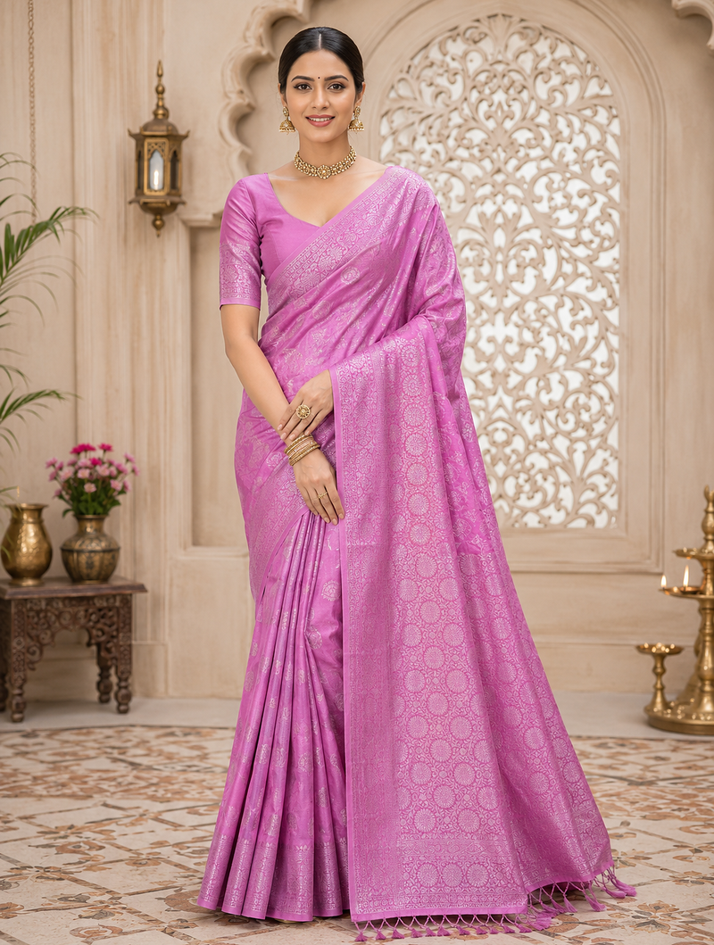pink jaqurad border with tassels on pallu a khaddi crep georgette saree