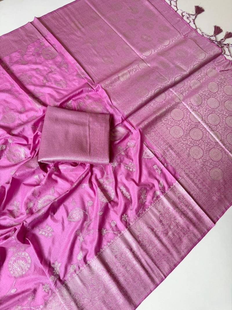 pink jaqurad border with tassels on pallu a khaddi crep georgette saree