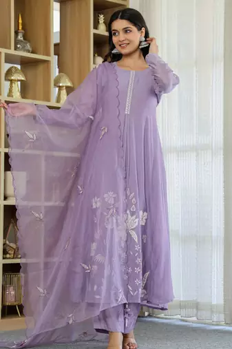 Women's Gorgeous Thread Work Chanderi Silk Fabric Flared Anarkali Pant and Dupatta Set