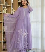 Women's Gorgeous Thread Work Chanderi Silk Fabric Flared Anarkali Pant and Dupatta Set