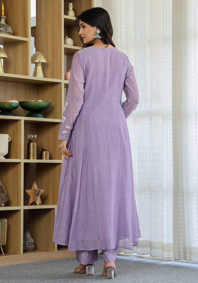 Women's Gorgeous Thread Work Chanderi Silk Fabric Flared Anarkali Pant and Dupatta Set