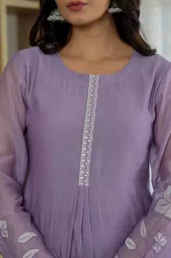 Women's Gorgeous Thread Work Chanderi Silk Fabric Flared Anarkali Pant and Dupatta Set