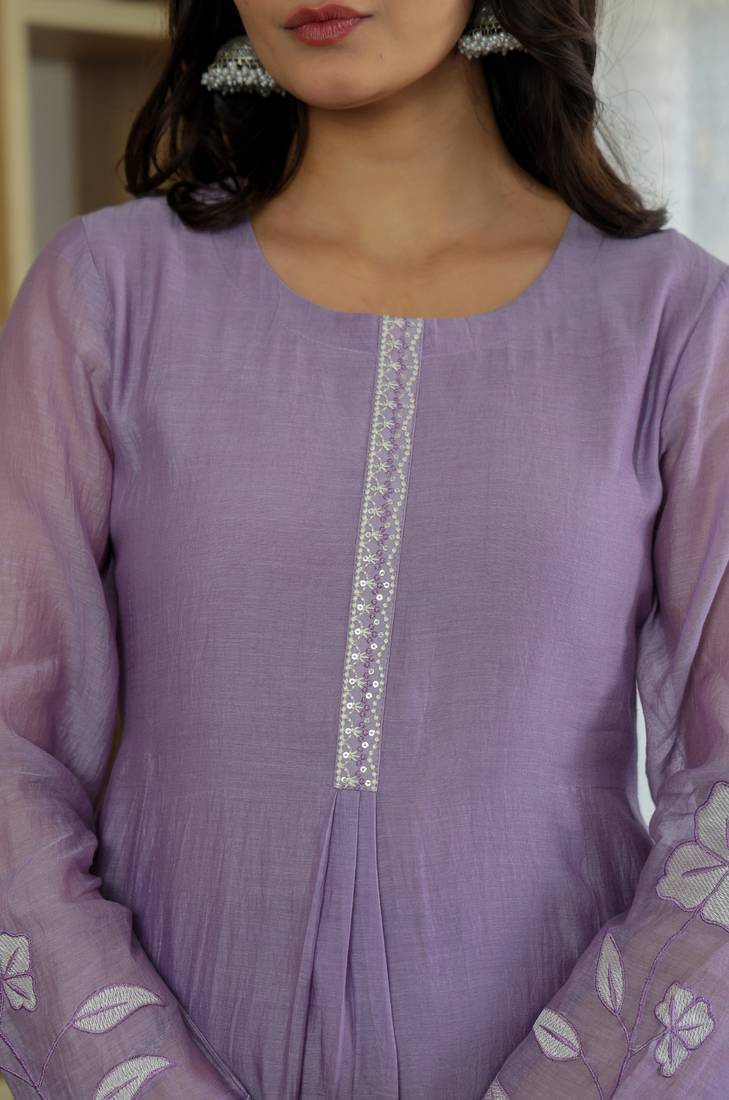 Women's Gorgeous Thread Work Chanderi Silk Fabric Flared Anarkali Pant and Dupatta Set