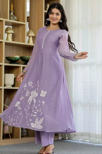 Women's Gorgeous Thread Work Chanderi Silk Fabric Flared Anarkali Pant and Dupatta Set