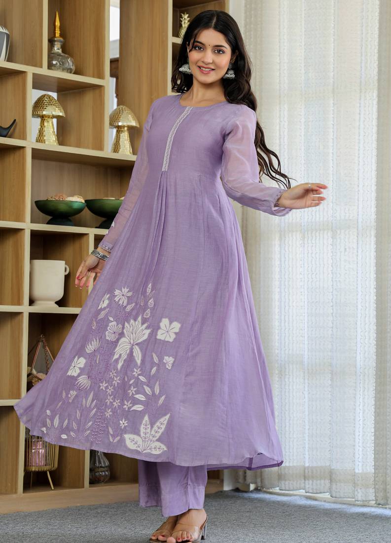 Women's Gorgeous Thread Work Chanderi Silk Fabric Flared Anarkali Pant and Dupatta Set
