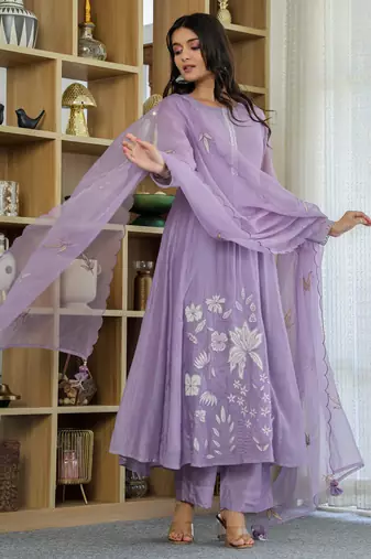 Women's Gorgeous Thread Work Chanderi Silk Fabric Flared Anarkali Pant and Dupatta Set