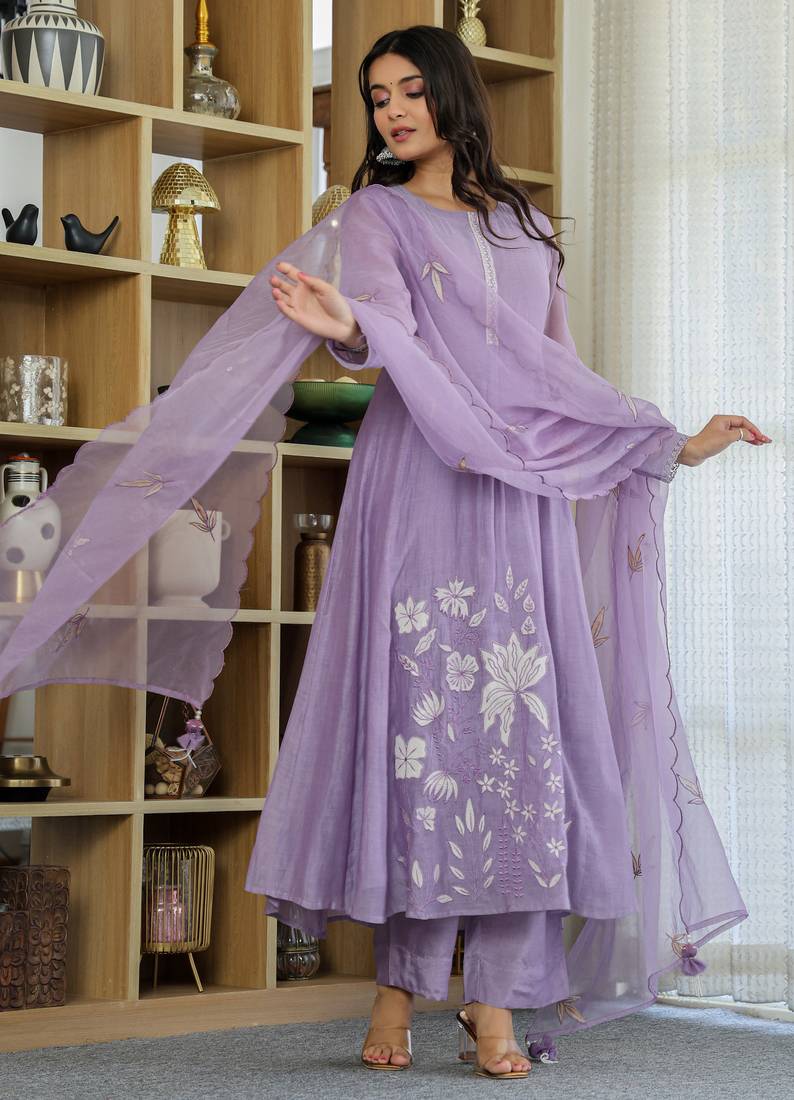 Women's Gorgeous Thread Work Chanderi Silk Fabric Flared Anarkali Pant and Dupatta Set